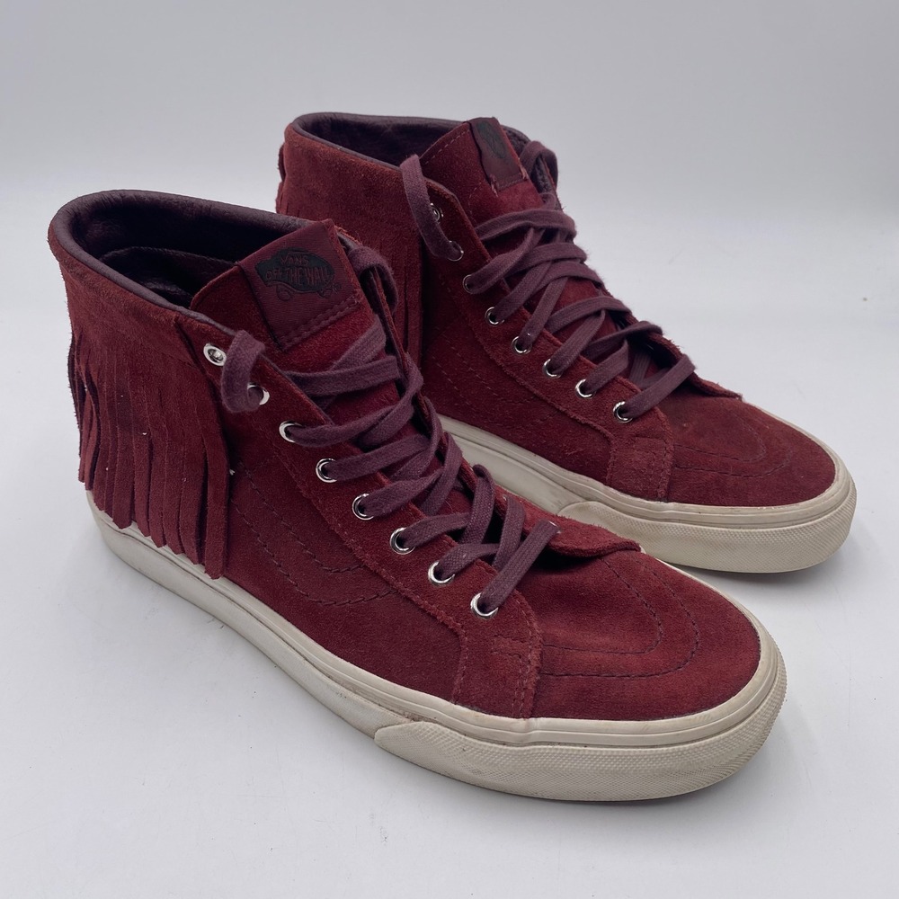Vans Sk8-Hi Moccasin High Top Sneakers Women 8.5 Men7 Burgundy Suede Fringe Boho